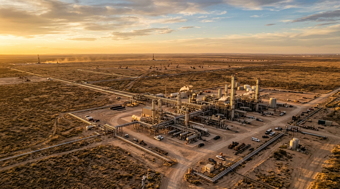 Aerial view of a gas processing plant and pipelines across the West Texas desert at golden hour