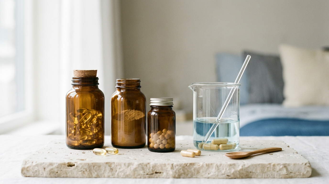Unbranded amber supplement bottles and capsules beside a laboratory beaker on stone