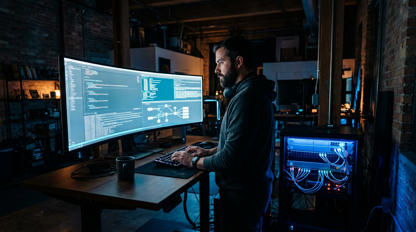 A developer at a monitor showing API request logs and model routing graphs in a dim studio