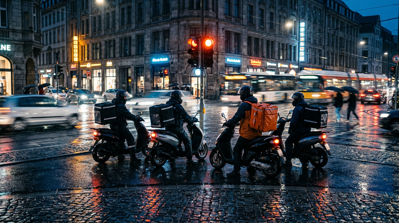 Food delivery riders on scooters waiting at a rainy night intersection in a European city